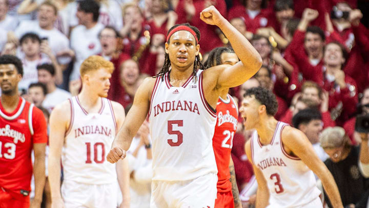 Indiana's Malik Reneau (5) celebrates during the Indiana versus Ohio State men's basketball game at Simon Skjodt Assembly Hall on Saturday, March 8, 2025. Indiana's Malik Reneau (5) celebrates during the Indiana versus Ohio State men's basketball game at Simon Skjodt Assembly Hall on Saturday, March 8, 2025.