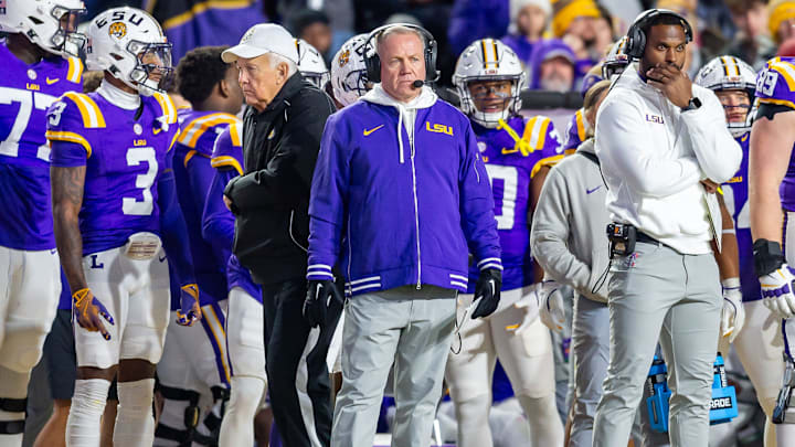 Tigers head coach Brian Kelly on the sideline as the LSU Tigers take on the Oklahoma Sooners. Nov 30, 2024; Baton Rouge, Louisiana, USA; at Tiger Stadium.