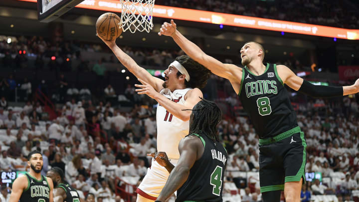 Apr 29, 2024; Miami, Florida, USA; Miami Heat guard Jaime Jaquez Jr. (11) scores in front of Boston; Credit: Michael Laughlin-USA TODAY Sports Apr 29, 2024; Miami, Florida, USA; Miami Heat guard Jaime Jaquez Jr. (11) scores in front of Boston; Credit: Michael Laughlin-USA TODAY Sports