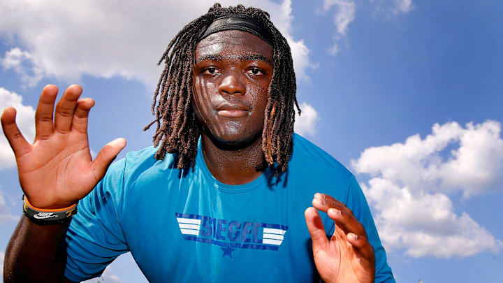 Princeton Uwaifo, a Siegel offensive lineman, during football practice at the school on Monday, Aug. 18, 2025.