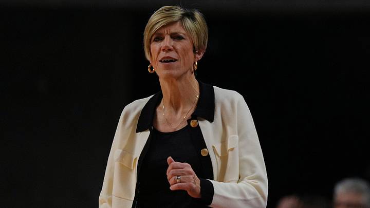 Iowa Hawkeyes women' basketball head coach Jan Jensen watches during the first quarter against Iowa State in the NCAA women’s basketball Cy-Hawk Series on Dec. 10, 2025, at Hilton Coliseum in Ames, Iowa.