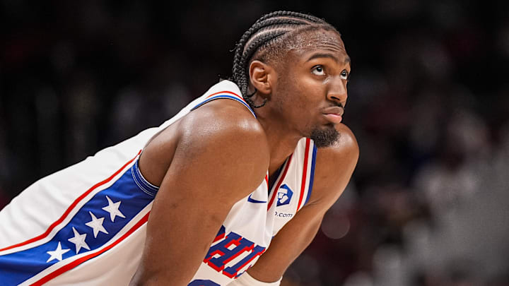 Mar 7, 2026; Atlanta, Georgia, USA; Philadelphia 76ers guard Tyrese Maxey (0) on the court during the game against the Atlanta Hawks during the second half at State Farm Arena. Mandatory Credit: Dale Zanine-Imagn Images