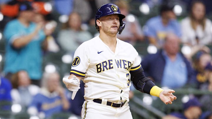 Sep 13, 2023; Milwaukee, Wisconsin, USA;  Milwaukee Brewers third baseman Josh Donaldson (3) reacts