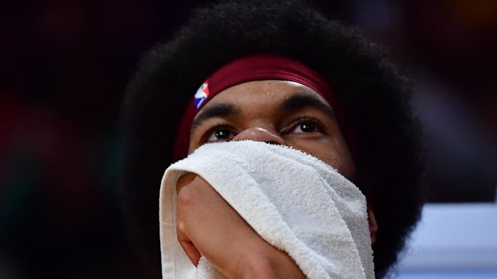Apr 6, 2024; Los Angeles, California, USA; Cleveland Cavaliers center Jarrett Allen (31) reacts during the second half at Crypto.com Arena. Mandatory Credit: Gary A. Vasquez-Imagn Images
