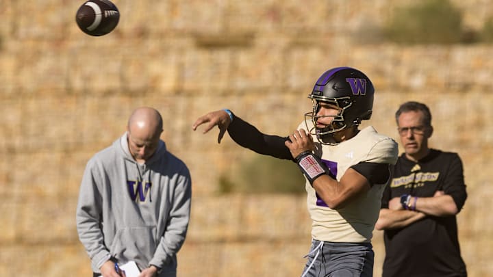Washington's Demond Williams Jr. (2) throws the ball during practice at SAC II in El Paso, Texas, on Saturday, Dec. 28, 2024, as the team prepares for the Tony the Tiger Sun Bowl.