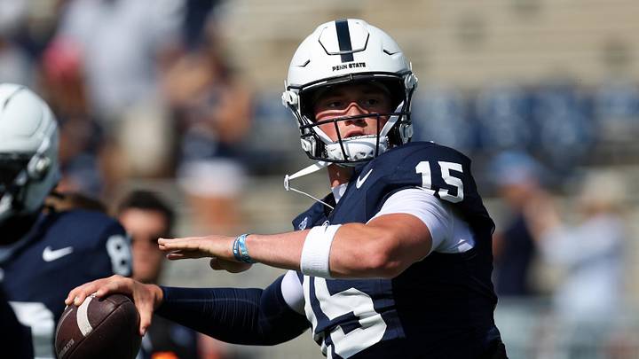 Sep 13, 2025; University Park, Pennsylvania, USA; Penn State Nittany Lions quarterback Drew Allar (15) throws a pass during a warmup prior to the game against the Villanova Wildcats at Beaver Stadium. Mandatory Credit: Matthew O'Haren-Imagn Images
