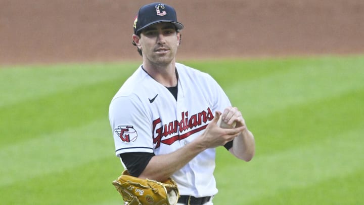 Jul 4, 2023; Cleveland, Ohio, USA; Cleveland Guardians starting pitcher Shane Bieber (57) reacts