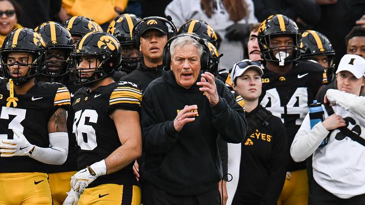 Nov 22, 2025; Iowa City, Iowa, USA; Iowa Hawkeyes head coach Kirk Ferentz reacts during the second quarter against the Michigan State Spartans at Kinnick Stadium. Mandatory Credit: Jeffrey Becker-Imagn Images Nov 22, 2025; Iowa City, Iowa, USA; Iowa Hawkeyes head coach Kirk Ferentz reacts during the second quarter against the Michigan State Spartans at Kinnick Stadium. Mandatory Credit: Jeffrey Becker-Imagn Images