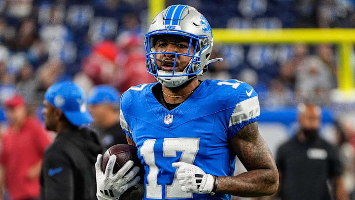 Detroit Lions wide receiver Tim Patrick (17) warms up before the Tampa Bay Buccaneers game at Ford Field in Detroit on Sunday, September 15, 2024.