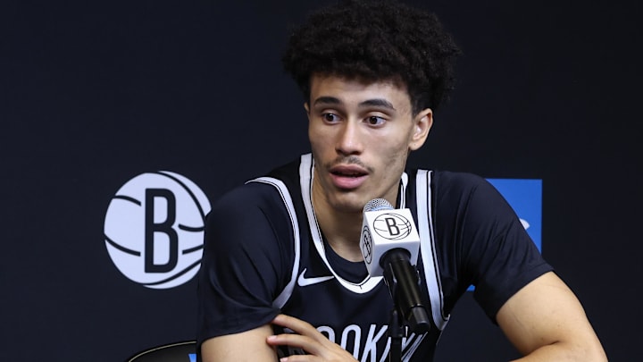 Sep 23, 2025; Brooklyn, NY, USA; Brooklyn Nets guard Nolan Traore (88) speaks at Media Day. Mandatory Credit: Wendell Cruz-Imagn Images Sep 23, 2025; Brooklyn, NY, USA; Brooklyn Nets guard Nolan Traore (88) speaks at Media Day. Mandatory Credit: Wendell Cruz-Imagn Images