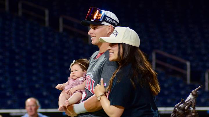 Oklahoma infielder Jaxon Willits poses with his wife, Abigail, and daughter, Gracee, after winning the 2026 national title. Oklahoma infielder Jaxon Willits poses with his wife, Abigail, and daughter, Gracee, after winning the 2026 national title.