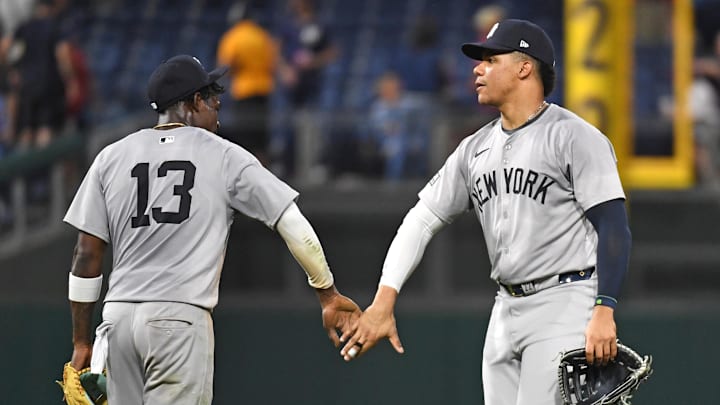 New York Yankees third baseman Jazz Chisholm, Jr and outfielder Juan Soto celebrate a win.