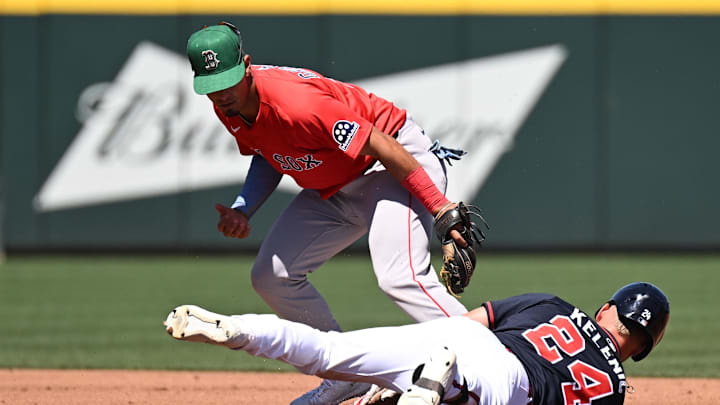 Mar 17, 2025; North Port, Florida, USA; Atlanta Braves left fielder Jarred Kelenic (24) is tagged out by Boston Red Sox second baseman Vaughn Grissom (5) in the third inning during spring training at CoolToday Park. Mandatory Credit: Jonathan Dyer-Imagn Images