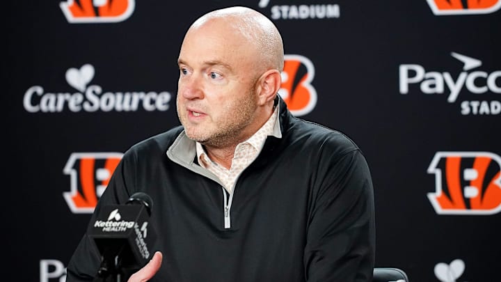 Cincinnati Bengals Director of Player Personnel Duke Tobin addresses the media during a press conference, Friday, Jan. 9, 2026, at Paycor Stadium in downtown Cincinnati.