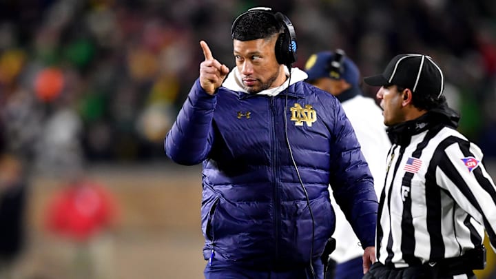Dec 20, 2024; Notre Dame, Indiana, USA; Notre Dame Fighting Irish head coach Marcus Freeman during the third quarter against the Indiana Hoosiers at Notre Dame Stadium. 
