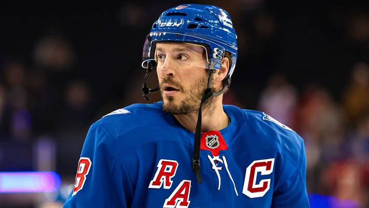 Apr 4, 2026; New York, New York, USA; New York Rangers center J.T. Miller (8) warms up before the first period against the Detroit Red Wings at Madison Square Garden. Mandatory Credit: Danny Wild-Imagn Images