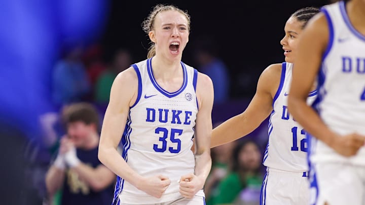 Mar 7, 2026; Duluth, GA, USA; Duke Blue Devils forward Toby Fournier (35) celebrates after a victory over the Notre Dame Fighting Irish. Mar 7, 2026; Duluth, GA, USA; Duke Blue Devils forward Toby Fournier (35) celebrates after a victory over the Notre Dame Fighting Irish.