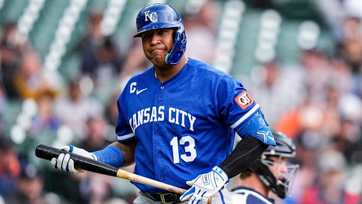 Kansas City Royals catcher Salvador Perez (13) reacts after strikeout against Detroit Tigers during the fourth inning at Comerica Park in Detroit on Thursday, April 16, 2026.