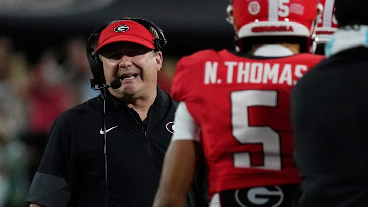 Georgia Bulldogs coach Kirby Smart on the sideline during the first half of a NCAA college football game against Alabama in Athens.