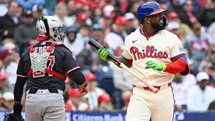 May 24, 2026; Philadelphia, Pennsylvania, USA; Philadelphia Phillies right fielder Adolis García (53) reacts after striking out to end the eighth inning against the Cleveland Guardians at Citizens Bank Park. 