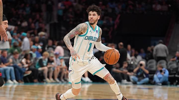 Apr 14, 2026; Charlotte, North Carolina, USA; Charlotte Hornets guard LaMelo Ball (1) moves the ball during the second half during the play-in rounds between the Charlotte Hornets and the Miami Heat of the 2026 NBA Playoffs at Spectrum Center. Mandatory Credit: Jim Dedmon-Imagn Images