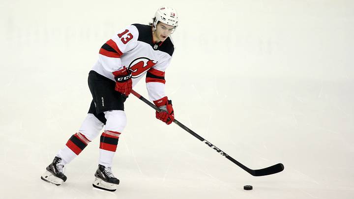 New Jersey Devils center Nico Hischier (13) skates during warm-ups against the Pittsburgh Penguins: Charles LeClaire-USA TODAY Sports New Jersey Devils center Nico Hischier (13) skates during warm-ups against the Pittsburgh Penguins: Charles LeClaire-USA TODAY Sports