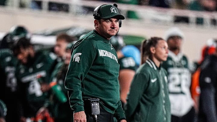 Michigan State head coach Jonathan Smith watches a play against Michigan during the second half at Spartan Stadium in East Lansing on Saturday, October 25, 2025.