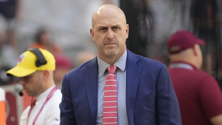 Arizona Cardinals general manager Monti Ossenfort watches his team warm up before playing against the Chicago Bears at State Farm Stadium in Glendale on Nov. 3, 2024. Arizona Cardinals general manager Monti Ossenfort watches his team warm up before playing against the Chicago Bears at State Farm Stadium in Glendale on Nov. 3, 2024.