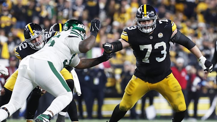 Oct 20, 2024; Pittsburgh, Pennsylvania, USA; Pittsburgh Steelers guard Isaac Seumalo (73) blocks at the line of scrimmage against the New York Jets during the fourth quarter at Acrisure Stadium. Mandatory Credit: Charles LeClaire-Imagn Images Oct 20, 2024; Pittsburgh, Pennsylvania, USA; Pittsburgh Steelers guard Isaac Seumalo (73) blocks at the line of scrimmage against the New York Jets during the fourth quarter at Acrisure Stadium. Mandatory Credit: Charles LeClaire-Imagn Images