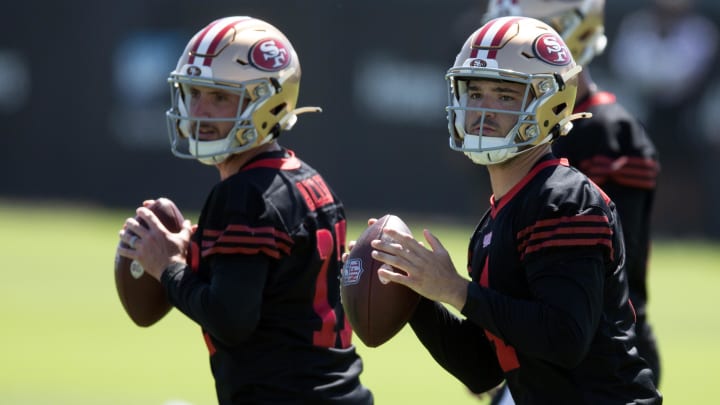 Jul 26, 2024; Santa Clara, CA, USA; San Francisco 49ers quarterback Brandon Allen (17) and quarterback Tanner Mordecai (4) drop to pass in drills during Day 4 of training camp at SAP Performance Facility. Mandatory Credit: D. Ross Cameron-USA TODAY Sports
