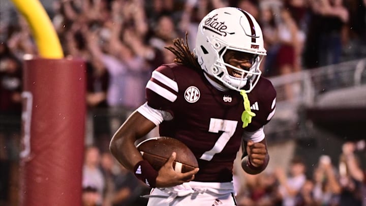 Aug 31, 2024; Starkville, Mississippi, USA; Mississippi State Bulldogs wide receiver Mario Craver (7) reacts after recovering a blocked punt for a touchdown against the Eastern Kentucky Colonels during the fourth quarter at Davis Wade Stadium at Scott Field. Mandatory Credit: Matt Bush-Imagn Images