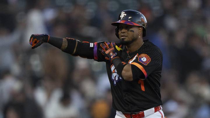 Jun 9, 2026; San Francisco, California, USA; San Francisco Giants second baseman Luis Arraez (1) celebrates during the first inning against the Washington Nationals at Oracle Park. Mandatory Credit: Stan Szeto-Imagn Images Jun 9, 2026; San Francisco, California, USA; San Francisco Giants second baseman Luis Arraez (1) celebrates during the first inning against the Washington Nationals at Oracle Park. Mandatory Credit: Stan Szeto-Imagn Images