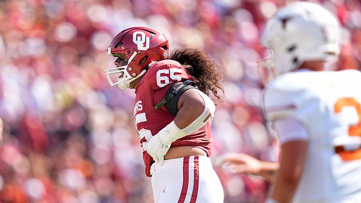 Oklahoma defensive tackle Jayden Jackson celebrates after making a play against Texas. Oklahoma defensive tackle Jayden Jackson celebrates after making a play against Texas.