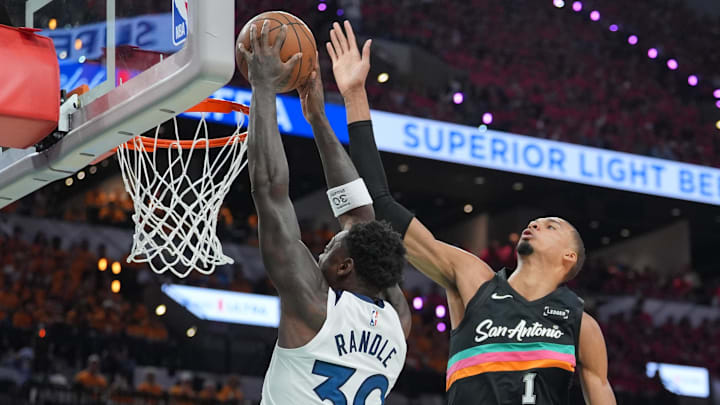 Timberwolves forward Julius Randle shoots against Spurs forward Victor Wembanyama.