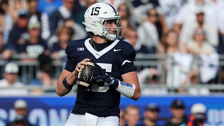 Penn State Nittany Lions quarterback Drew Allar (15) looks to throw a pass during the first quarter against the Northwestern Wildcats at Beaver Stadium. Mandatory Credit: Matthew O'Haren-Imagn Images