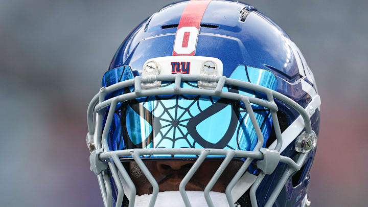  A view of the face shield and helmet of New York Giants linebacker Brian Burns  