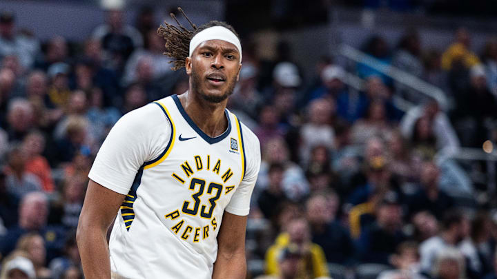 Feb 26, 2025; Indianapolis, Indiana, USA; Indiana Pacers center Myles Turner (33) celebrates a made basket in the second half against the Toronto Raptors at Gainbridge Fieldhouse. Mandatory Credit: Trevor Ruszkowski-Imagn Images