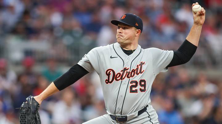Apr 29, 2026; Atlanta, Georgia, USA; Detroit Tigers starting pitcher Tarik Skubal (29) throws against the Atlanta Braves in the second inning at Truist Park. Mandatory Credit: Brett Davis-Imagn Images