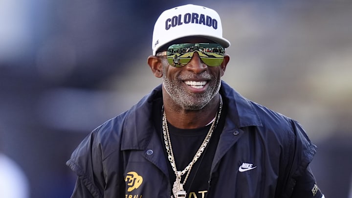 Nov 1, 2025; Boulder, Colorado, USA; Colorado Buffaloes head coach Deion Sanders before the game against the Arizona Wildcats at Folsom Field. Mandatory Credit: Ron Chenoy-Imagn Images