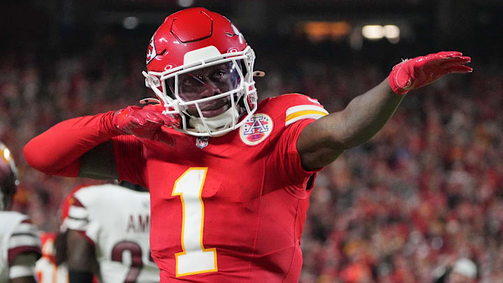 Oct 27, 2025; Kansas City, Missouri, USA; Kansas City Chiefs wide receiver Xavier Worthy (1) celebrates after a play against the Washington Commanders during the first quarter of the game at GEHA Field at Arrowhead Stadium. 