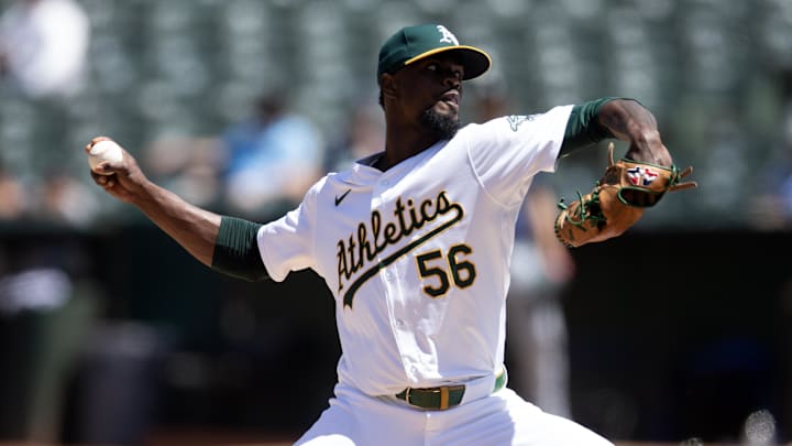 Jun 6, 2024; Oakland, California, USA; Oakland Athletics pitcher Dany Jimenez (56) delivers a pitch against the Seattle Mariners during the seventh inning at Oakland-Alameda County Coliseum. Mandatory Credit: D. Ross Cameron-Imagn Images Jun 6, 2024; Oakland, California, USA; Oakland Athletics pitcher Dany Jimenez (56) delivers a pitch against the Seattle Mariners during the seventh inning at Oakland-Alameda County Coliseum. Mandatory Credit: D. Ross Cameron-Imagn Images