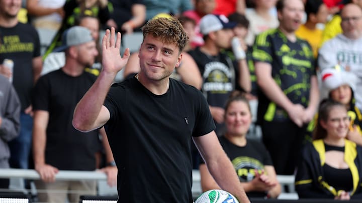 May 17, 2025; Columbus, Ohio, USA;  Former Crew player Aidan Morris is introduced before the game between the Columbus Crew and the FC Cincinnati at Lower.com Field. Mandatory Credit: Joseph Maiorana-Imagn Images