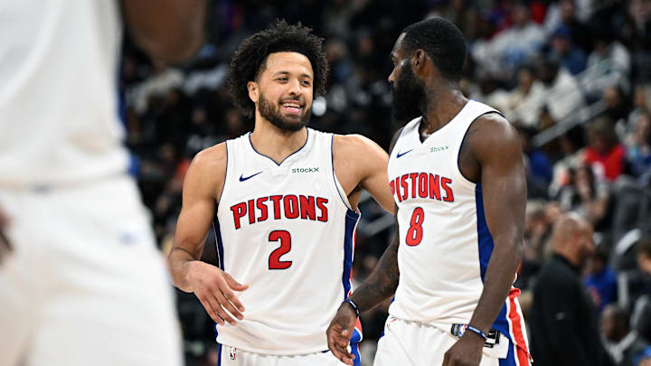 Jan 1, 2025; Detroit, Michigan, USA; Detroit Pistons guard Cade Cunningham (2) and forward Tim Hardaway Jr. (8) begin to celebrate after Hardaway was fouled late in the fourth quarter against the Orlando Magic to help the Pistons to a victory at Little Caesars Arena. Mandatory Credit: Lon Horwedel-Imagn Images Jan 1, 2025; Detroit, Michigan, USA; Detroit Pistons guard Cade Cunningham (2) and forward Tim Hardaway Jr. (8) begin to celebrate after Hardaway was fouled late in the fourth quarter against the Orlando Magic to help the Pistons to a victory at Little Caesars Arena. Mandatory Credit: Lon Horwedel-Imagn Images