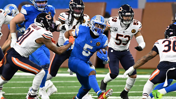 David Montgomery looks for daylight against the Bears defense at Ford Field last Thanksgiving. David Montgomery looks for daylight against the Bears defense at Ford Field last Thanksgiving.