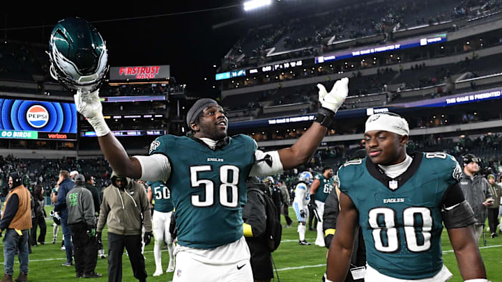 Nov 16, 2025; Philadelphia, Pennsylvania, USA; Philadelphia Eagles linebacker Jalyx Hunt (58) reacts after the game against the Detroit Lions at Lincoln Financial Field. Mandatory Credit: Eric Hartline-Imagn Images Nov 16, 2025; Philadelphia, Pennsylvania, USA; Philadelphia Eagles linebacker Jalyx Hunt (58) reacts after the game against the Detroit Lions at Lincoln Financial Field. Mandatory Credit: Eric Hartline-Imagn Images