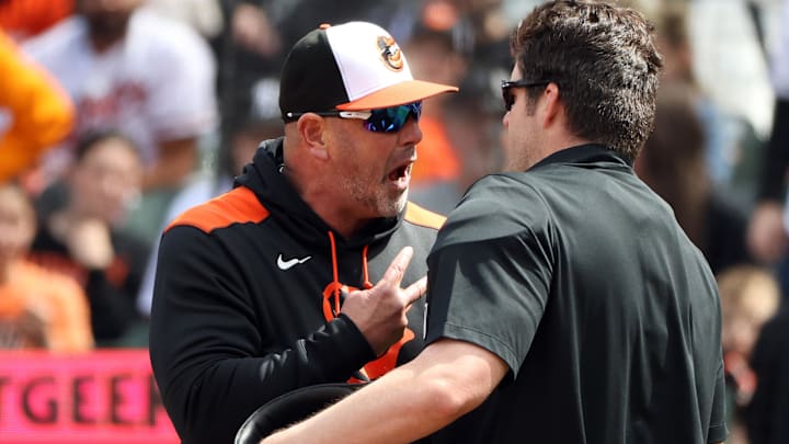 Apr 13, 2025; Baltimore, Maryland, USA; Orioles manager Brandon Hyde gets ejected by home plate umpire John Bacon during the third inning against the Toronto Blue Jays at Oriole Park at Camden Yards.