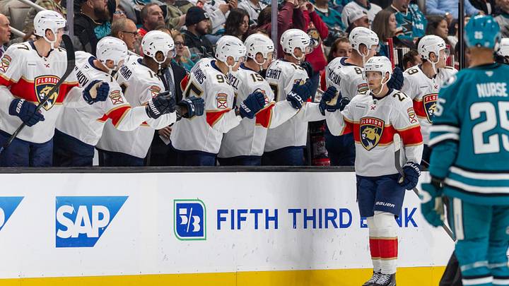 Oct 1, 2026; San Jose, California, USA; Florida Panthers center Eetu Luostarinen (27) celebrates scoring during the second period against the San Jose Sharks at SAP Center at San Jose. Mandatory Credit: Bob Kupbens-Imagn Images Oct 1, 2026; San Jose, California, USA; Florida Panthers center Eetu Luostarinen (27) celebrates scoring during the second period against the San Jose Sharks at SAP Center at San Jose. Mandatory Credit: Bob Kupbens-Imagn Images