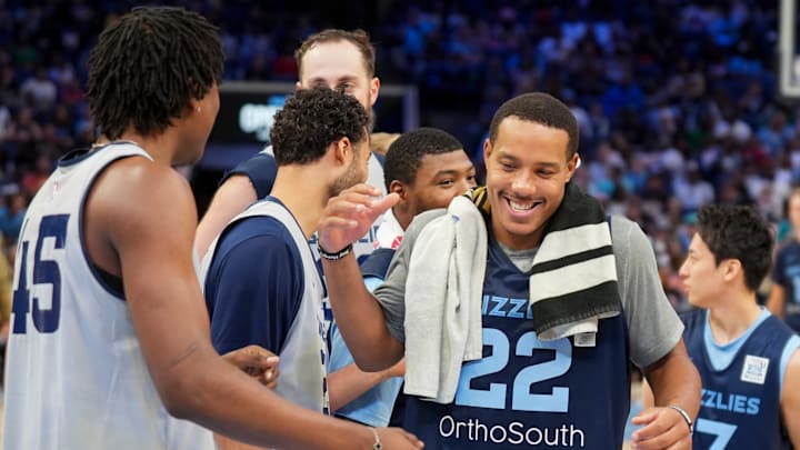 Grizzlies' Desmond Bane (22) greets GG Jackson II (45) as they stand on the court at the start of open practice at FedExForum in Memphis, Tenn., on Sunday, October 6, 2024.