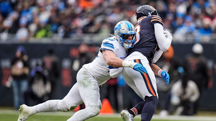 Detroit Lions linebacker Jack Campbell (46) tackles Chicago Bears wide receiver Keenan Allen (13) during the second half at Soldier Field in Chicago, Ill. on Sunday, Dec. 22, 2024.