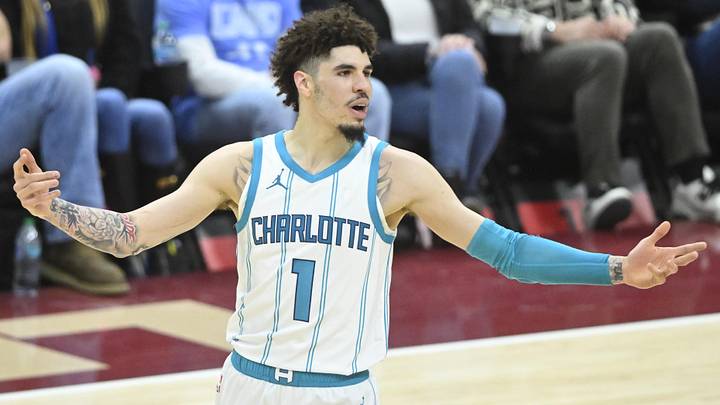Jan 5, 2025; Cleveland, Ohio, USA; Charlotte Hornets guard LaMelo Ball (1) reacts in the fourth quarter against the Cleveland Cavaliers at Rocket Mortgage FieldHouse. Mandatory Credit: David Richard-Imagn Images
